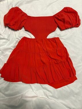 Red Puff Sleeve Cutout Mini Dress